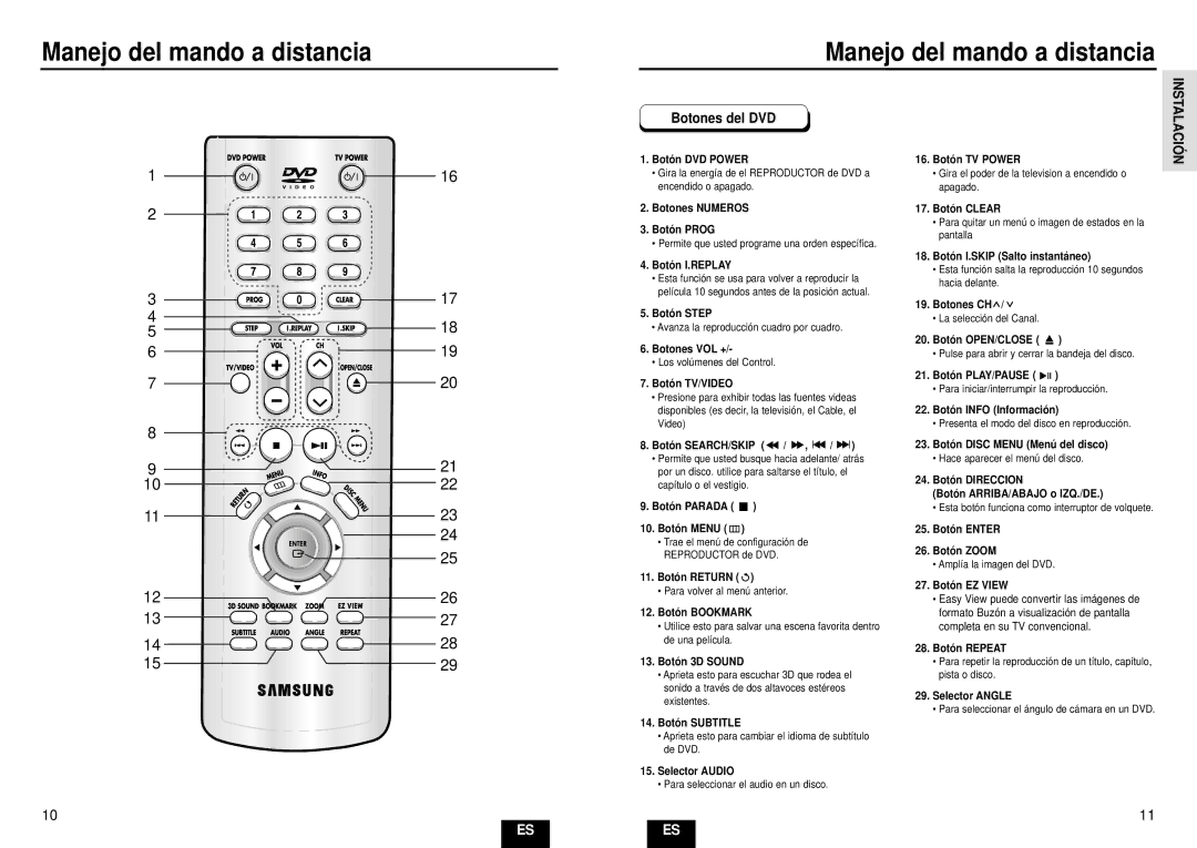 Samsung DVD-HD935/XEC manual Manejo del mando a distancia, Botones del DVD, Instalació N 