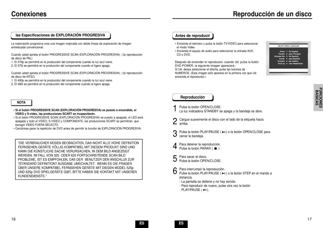 Samsung DVD-HD935/XEC manual Reproducció n de un disco, Las Especificaciones de Exploració N Progresiva 