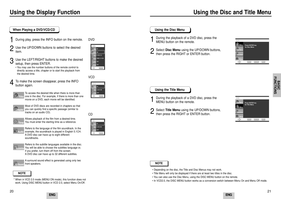 Samsung DVD-HD935/XEC, DVD-HD935/XEL Using the Display Function Using the Disc and Title Menu, When Playing a DVD/VCD/CD 