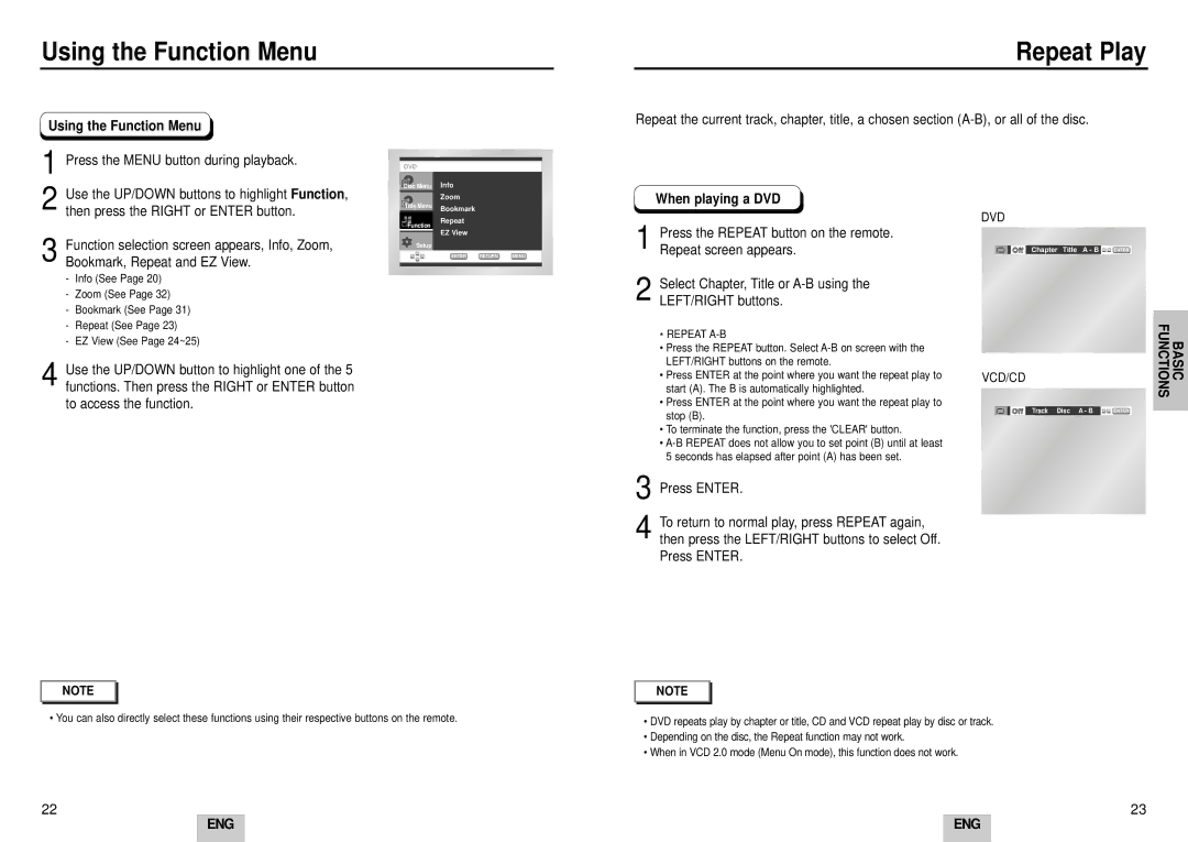 Samsung DVD-HD935/XEO manual Using the Function Menu Repeat Play, Press the Menu button during playback, When playing a DVD 