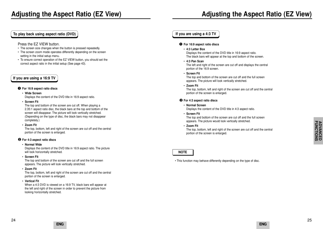 Samsung DVD-HD935/XEL Adjusting the Aspect Ratio EZ View, To play back using aspect ratio DVD, Press the EZ View button 