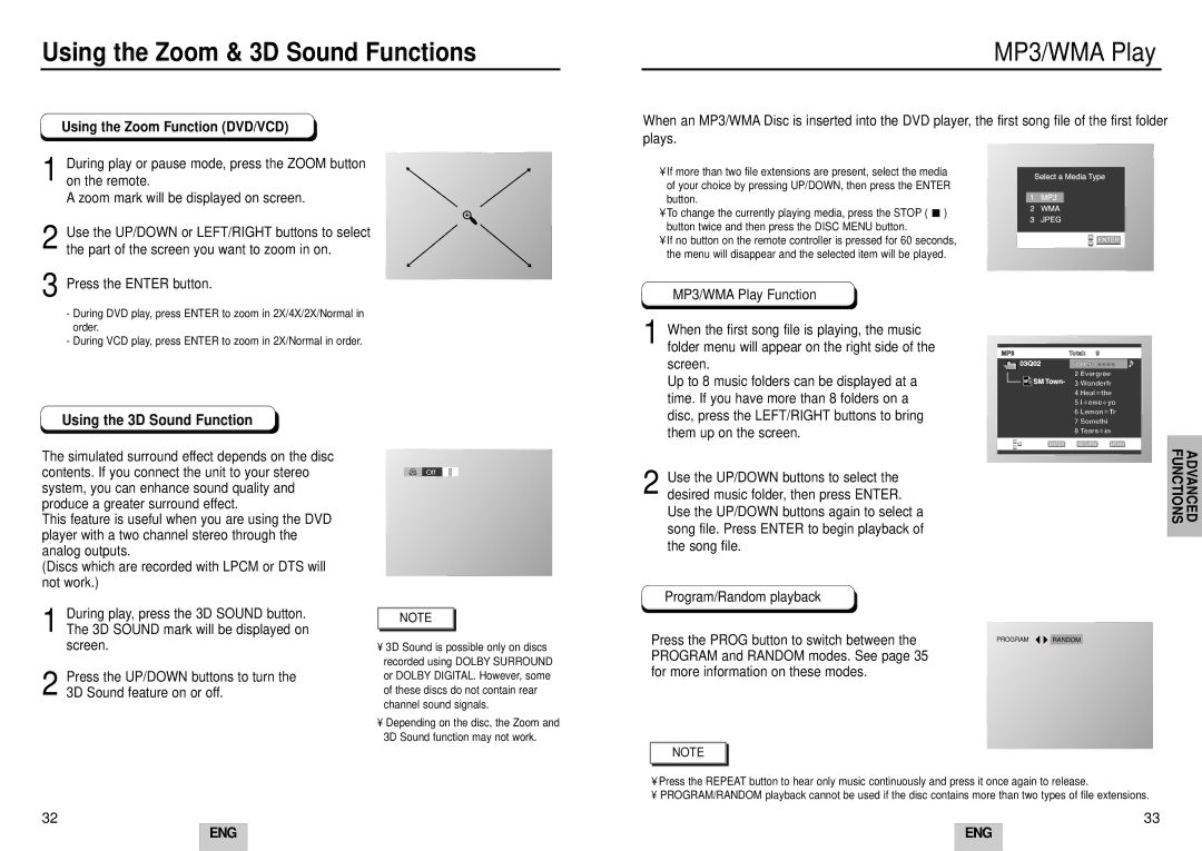 Samsung DVD-HD935/XEL, DVD-HD935/XET Using the Zoom & 3D Sound Functions, MP3/WMA Play, Using the Zoom Function DVD/VCD 