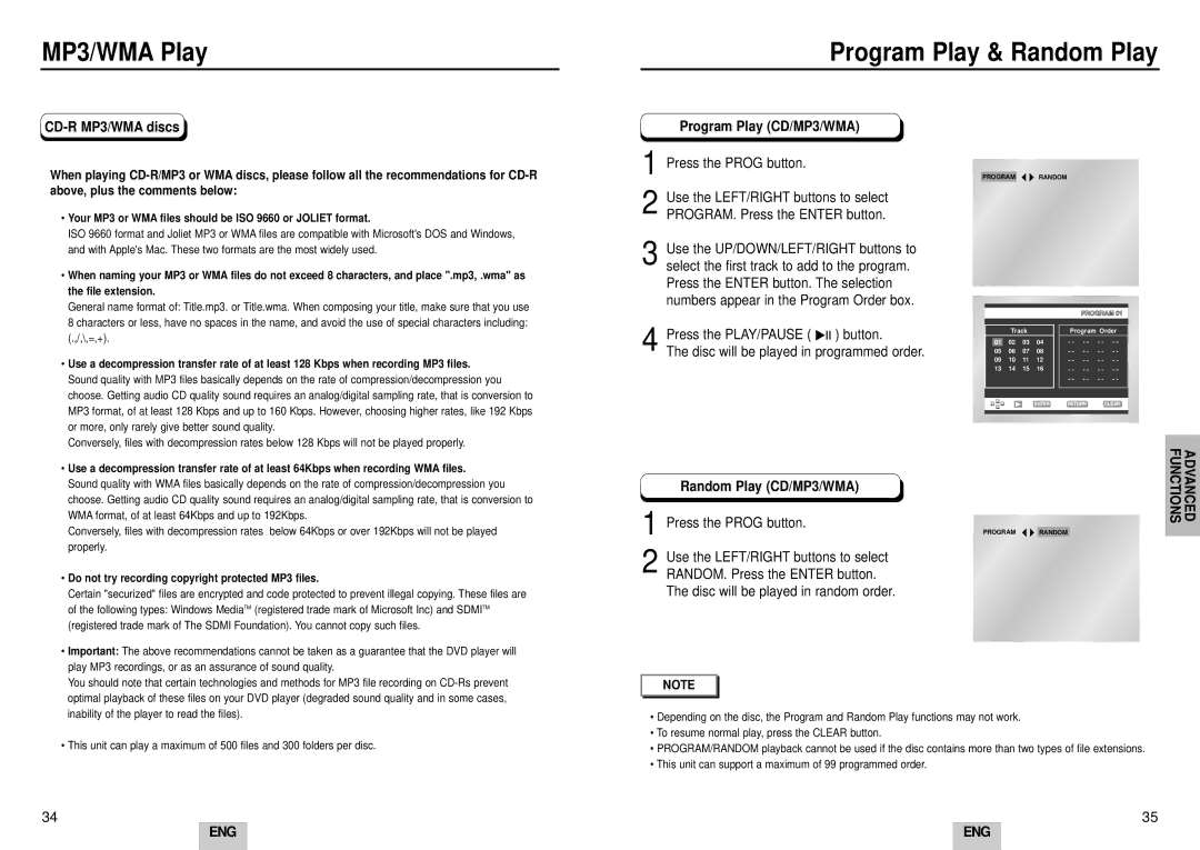 Samsung DVD-HD935/XET, DVD-HD935/XEL MP3/WMA Play Program Play & Random Play, CD-R MP3/WMA discs, Program Play CD/MP3/WMA 