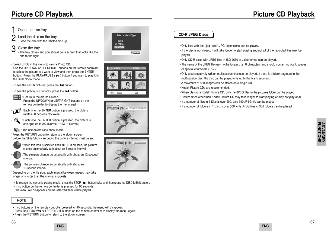 Samsung DVD-HD935/XEC Picture CD Playback, Open the disc tray Load the disc on the tray, Close the tray, CD-R Jpeg Discs 