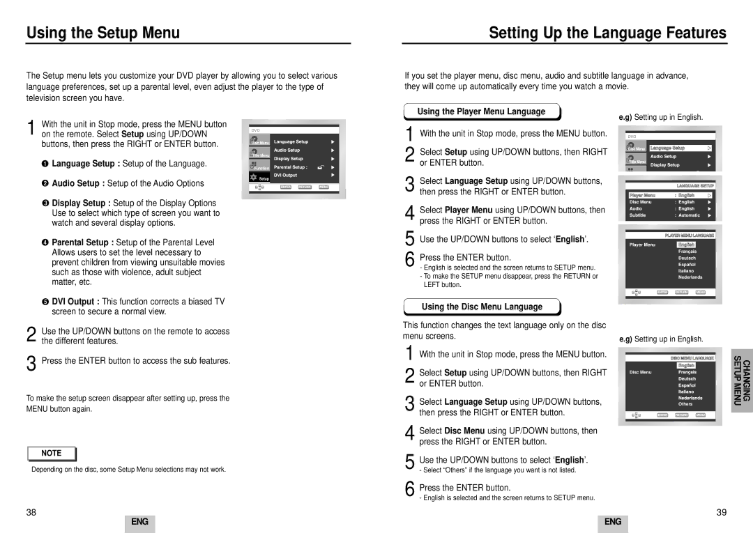 Samsung DVD-HD935/XEO manual Using the Setup Menu, Setting Up the Language Features, Using the Player Menu Language 