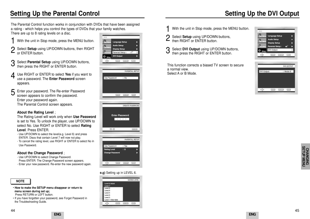 Samsung DVD-HD935/XEC, DVD-HD935/XEL Setting Up the Parental Control, Setting Up the DVI Output, About the Rating Level 