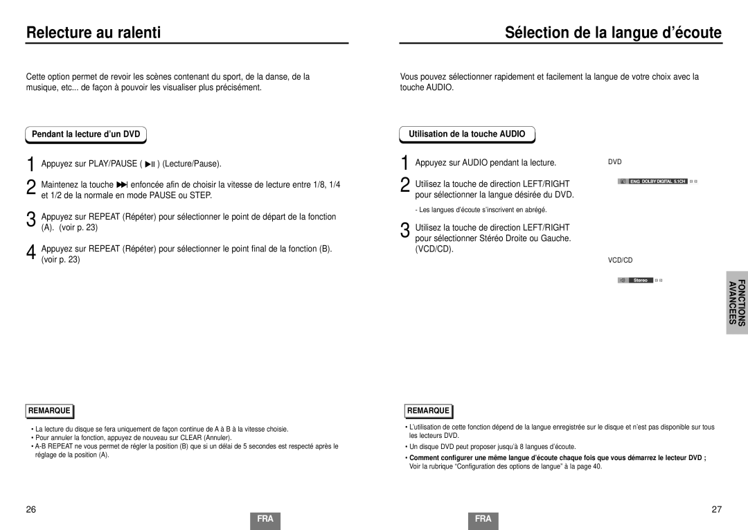 Samsung DVD-HD935/XEL manual Relecture au ralenti, Sé lection de la langue d’é coute, Utilisation de la touche Audio 