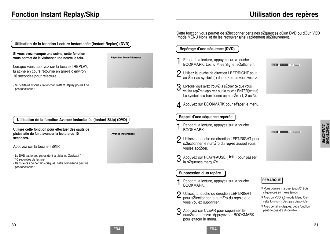 Samsung DVD-HD935/XEL manual Fonction Instant Replay/Skip, Utilisation des repères, Repérage d’une séquence DVD 