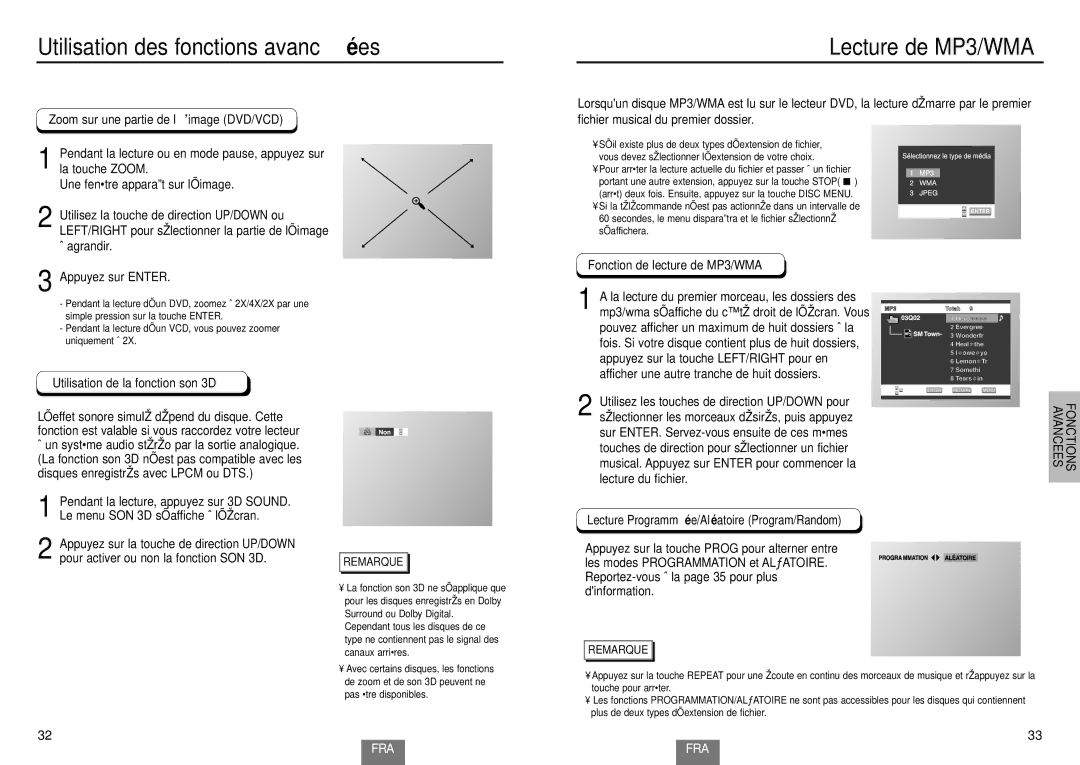 Samsung DVD-HD935/XEL manual Utilisation des fonctions avancé es, Lecture de MP3/WMA 