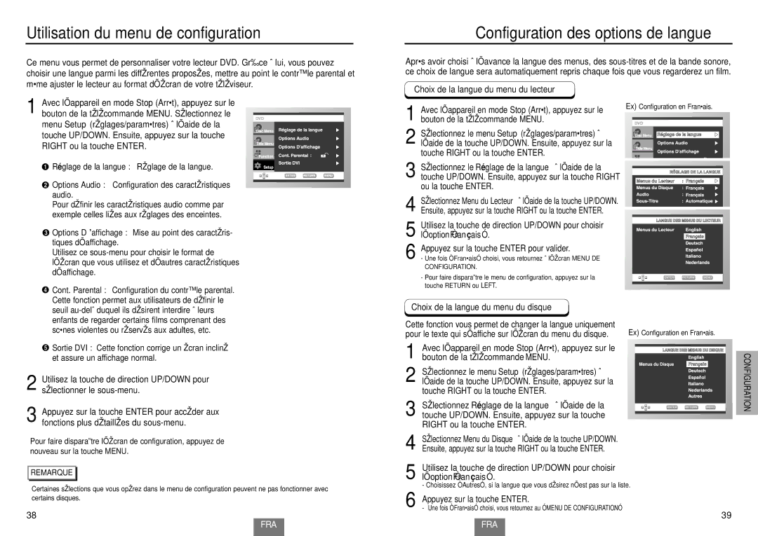 Samsung DVD-HD935/XEL manual Utilisation du menu de configuration, Ré glage de la langue Réglage de la langue 