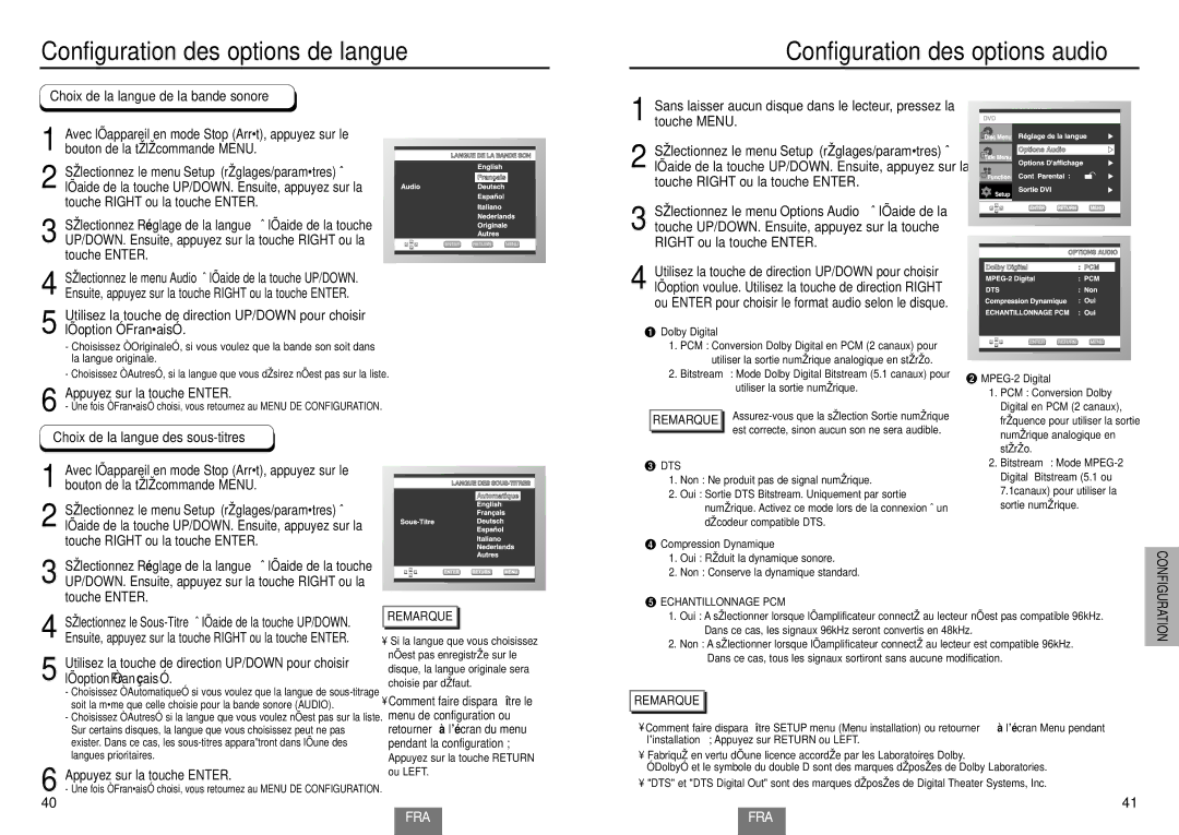 Samsung DVD-HD935/XEL manual Choix de la langue de la bande sonore, Choix de la langue des sous-titres, Dolby Digital 