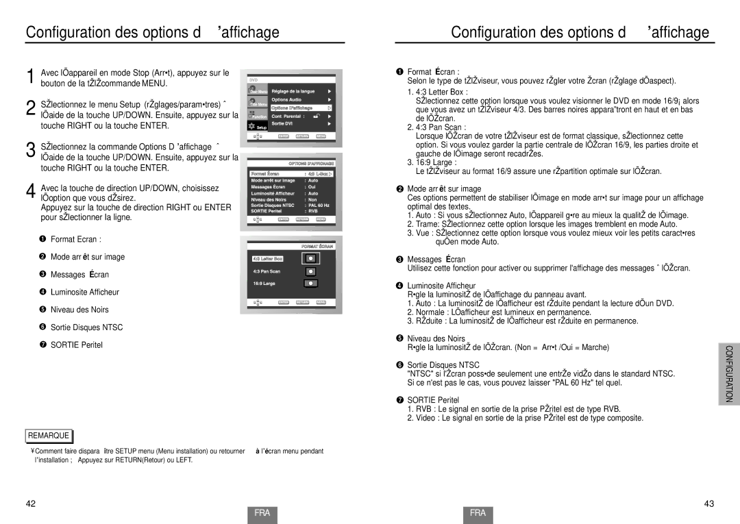 Samsung DVD-HD935/XEL manual Configuration des options d’affichage, Format É cran, Arrêt /Oui = Marche 