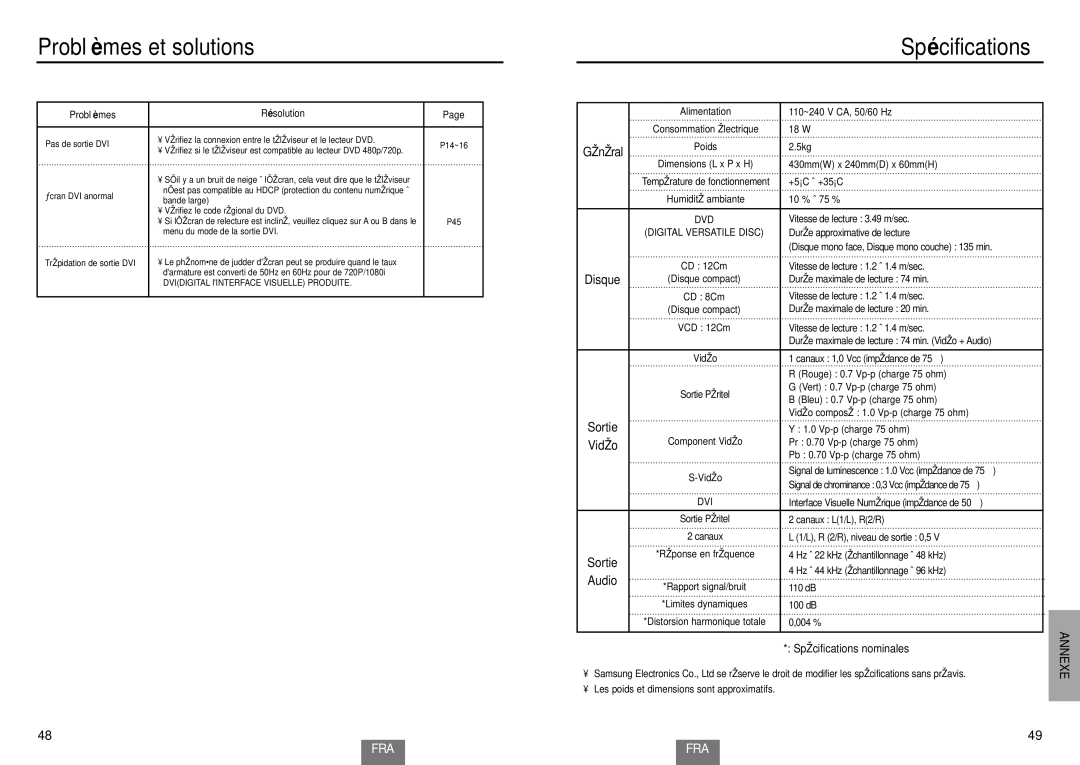 Samsung DVD-HD935/XEL manual Spé cifications 