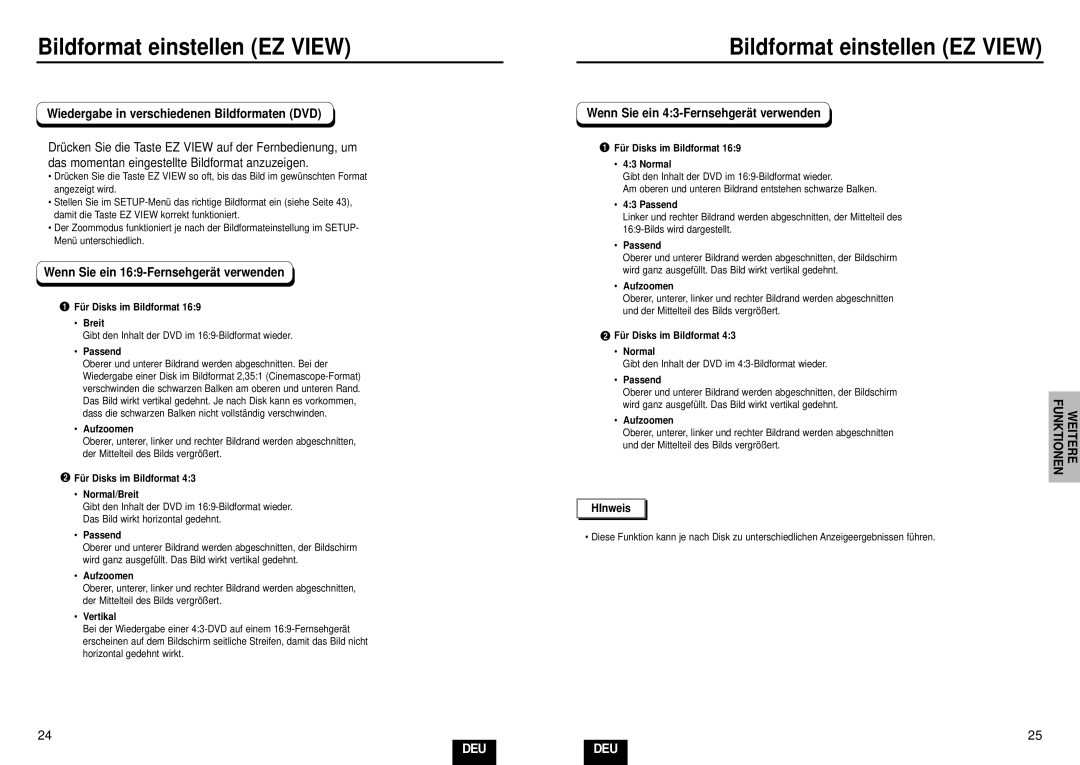 Samsung DVD-HD935/XEL manual Bildformat einstellen EZ View, Wiedergabe in verschiedenen Bildformaten DVD 