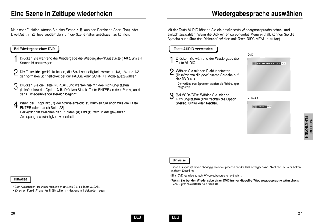 Samsung DVD-HD935/XEL manual Eine Szene in Zeitlupe wiederholen, Wiedergabesprache auswä hlen, Taste Audio verwenden 