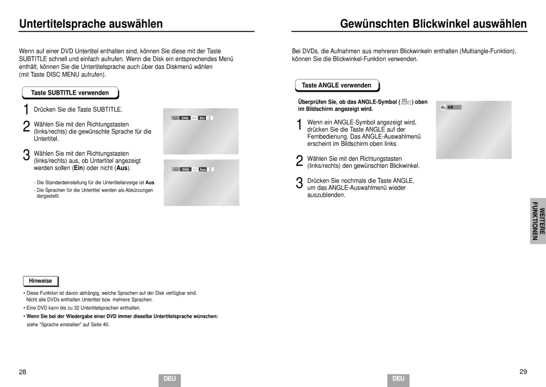 Samsung DVD-HD935/XEL manual Untertitelsprache auswählen, Gewünschten Blickwinkel auswählen, Taste Subtitle verwenden 