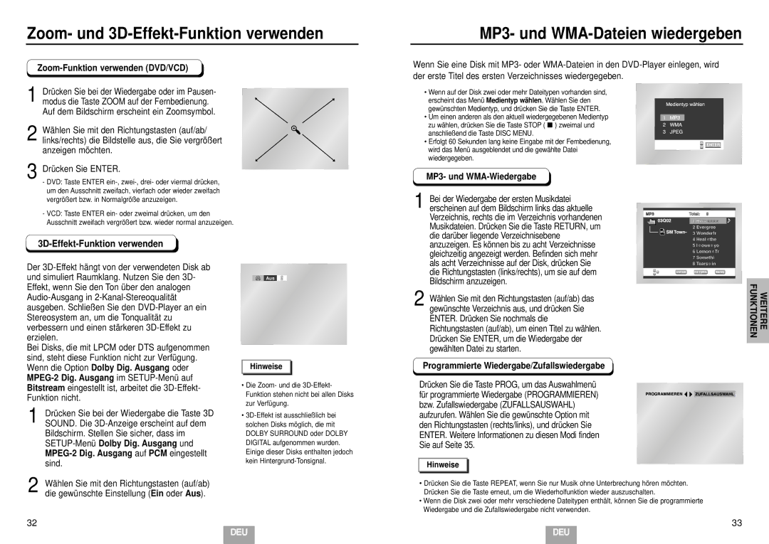 Samsung DVD-HD935/XEL Zoom- und 3D-Effekt-Funktion verwenden, MP3- und WMA-Dateien wiedergeben, MP3- und WMA-Wiedergabe 