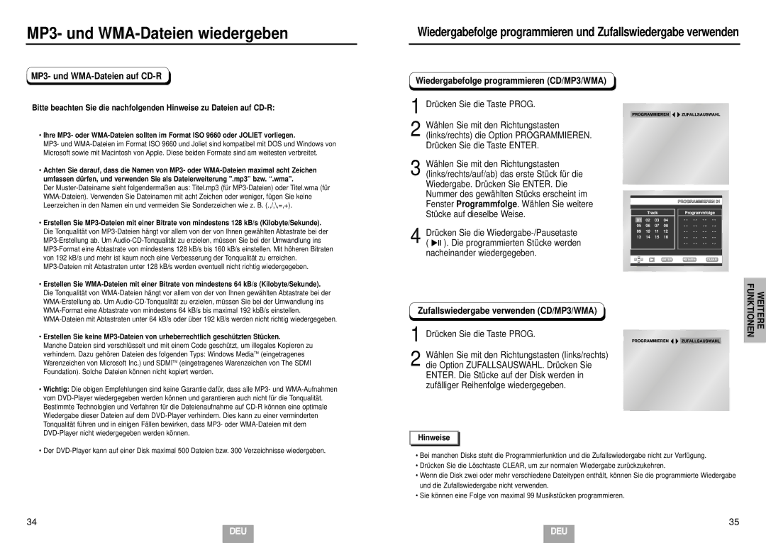 Samsung DVD-HD935/XEL MP3- und WMA-Dateien auf CD-R, Wiedergabefolge programmieren CD/MP3/WMA, Drücken Sie die Taste Prog 