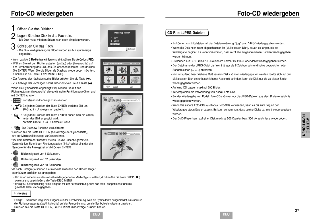 Samsung DVD-HD935/XEL manual Foto-CD wiedergeben, Öffnen Sie das Diskfach Legen Sie eine Disk in das Fach ein 