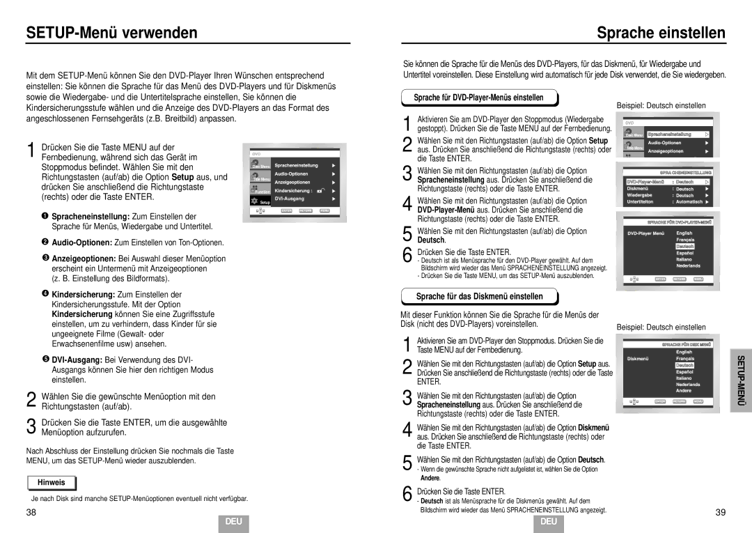 Samsung DVD-HD935/XEL manual SETUP-Menü verwenden, Spracheneinstellung Zum Einstellen der, Deutsch 