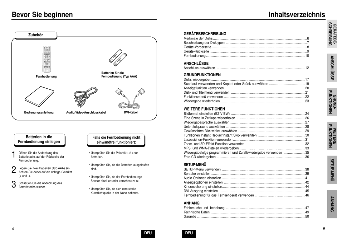 Samsung DVD-HD935/XEL manual Bevor Sie beginnen, Zubehör, Batterien in die, Fernbedienung einlegen 