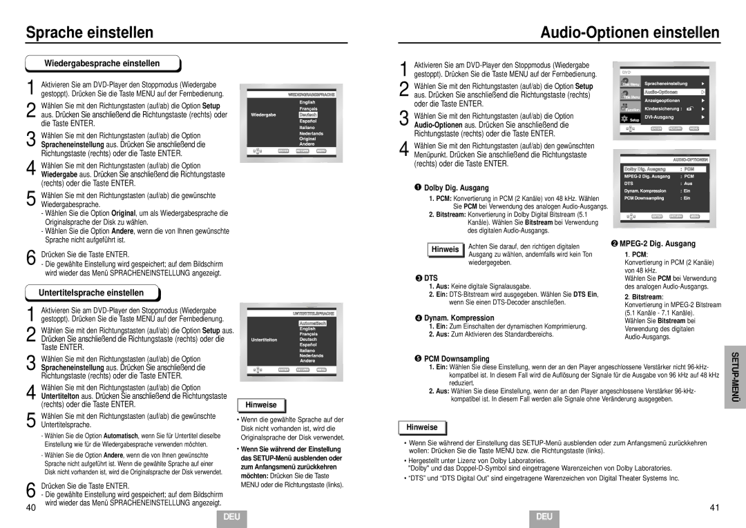 Samsung DVD-HD935/XEL manual Sprache einstellen, Audio-Optionen einstellen, Wiedergabesprache einstellen 