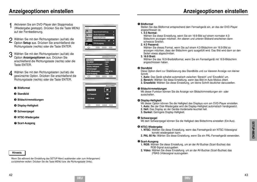 Samsung DVD-HD935/XEL manual Anzeigeoptionen einstellen 
