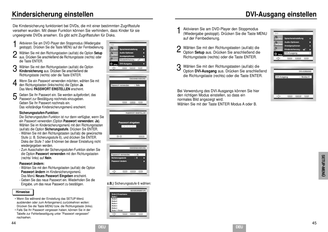 Samsung DVD-HD935/XEL manual Kindersicherung einstellen DVI-Ausgang einstellen, Das Menü Passwort Einstellen erscheint 