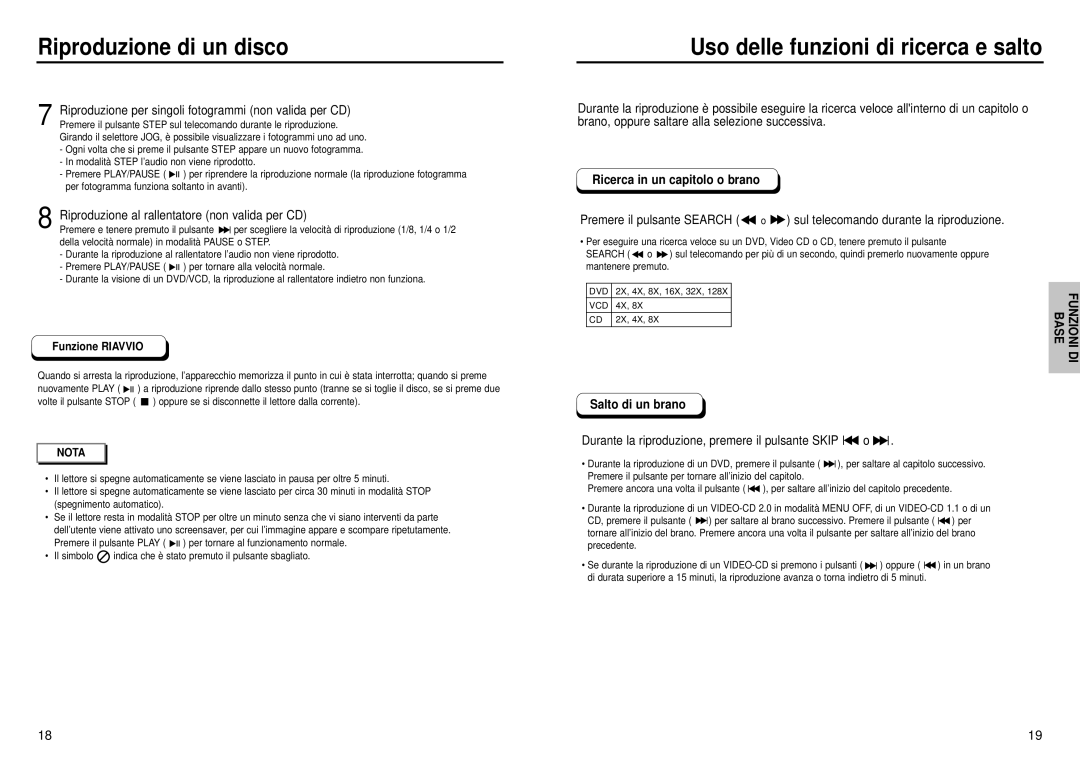 Samsung DVD-HD935/XET manual Uso delle funzioni di ricerca e salto, Riproduzione al rallentatore non valida per CD 