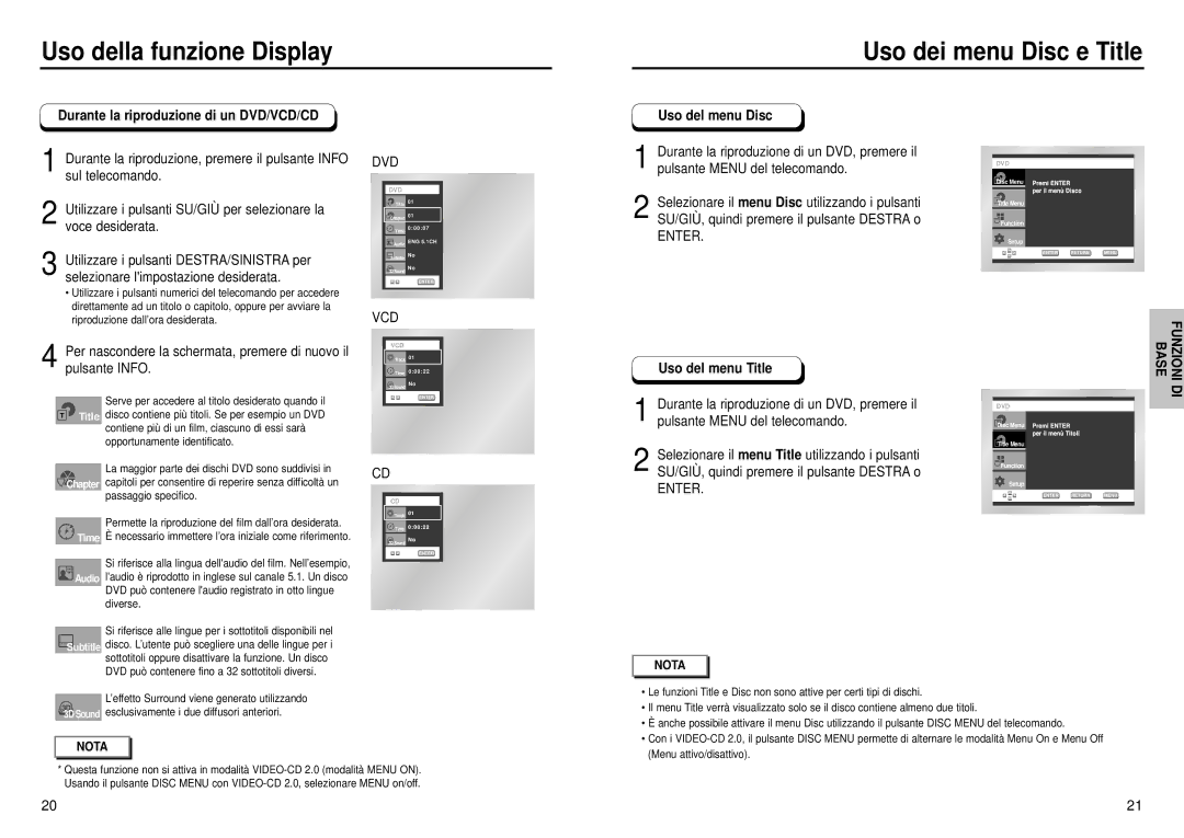 Samsung DVD-HD935/XET manual Uso della funzione Display Uso dei menu Disc e Title, Durante la riproduzione di un DVD/VCD/CD 