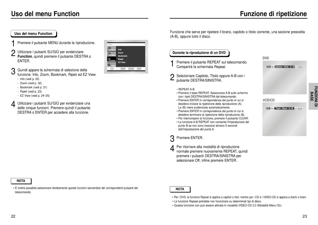 Samsung DVD-HD935/XET manual Uso del menu Function Funzione di ripetizione, Durante la riproduzione di un DVD 