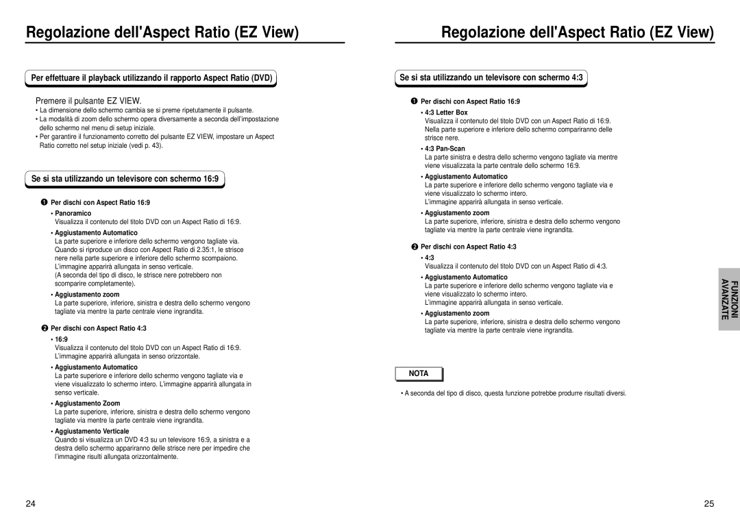 Samsung DVD-HD935/XET manual Regolazione dellAspect Ratio EZ View, Premere il pulsante EZ View 