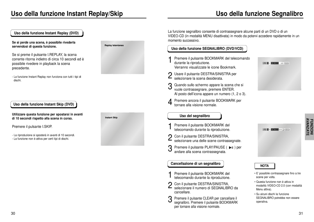 Samsung DVD-HD935/XET manual Uso della funzione Instant Replay/Skip, Uso della funzione Segnalibro 