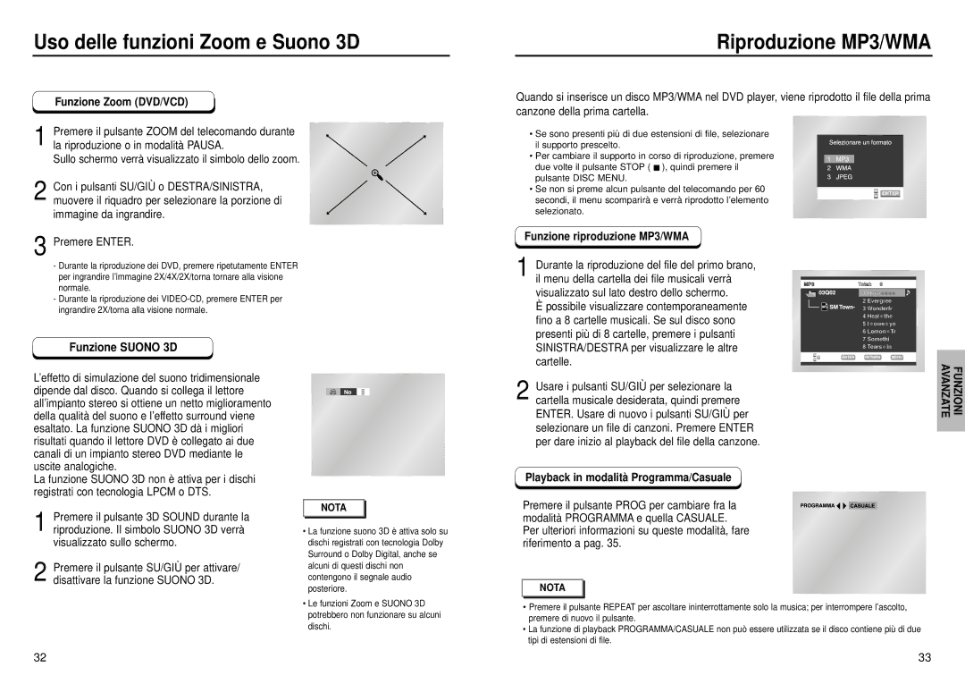 Samsung DVD-HD935/XET manual Uso delle funzioni Zoom e Suono 3D, Riproduzione MP3/WMA, Funzione Zoom DVD/VCD 