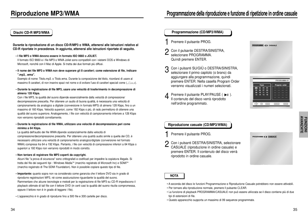 Samsung DVD-HD935/XET manual Programmazione CD/MP3/WMA, Premere il pulsante Prog, Quindi premere Enter 