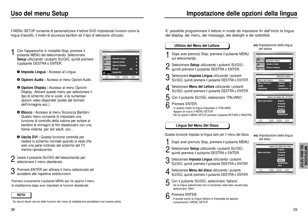 Samsung DVD-HD935/XET manual Uso del menu Setup, Impostazione delle opzioni della lingua, Utilizzo del Menu del Lettore 