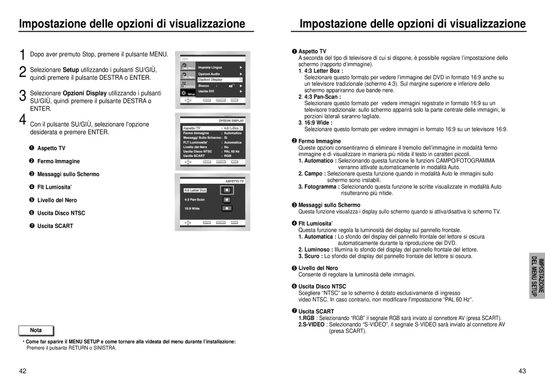 Samsung DVD-HD935/XET Impostazione delle opzioni di visualizzazione, Dopo aver premuto Stop, premere il pulsante Menu 