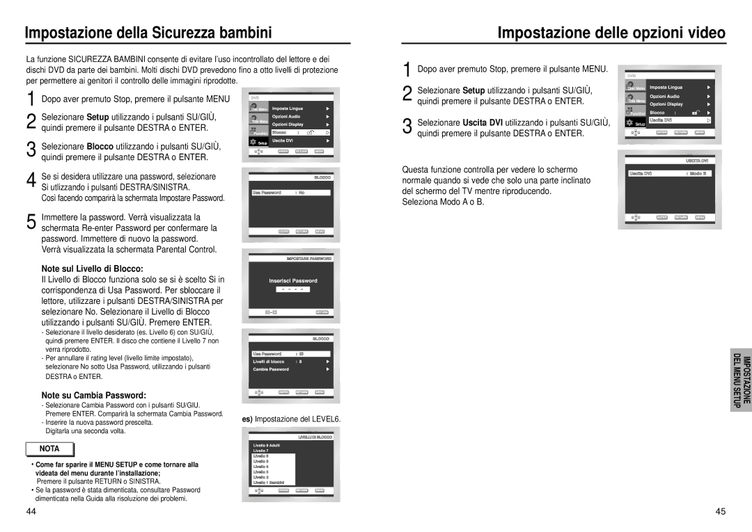 Samsung DVD-HD935/XET manual Impostazione della Sicurezza bambini, Premere il pulsante Return o Sinistra 