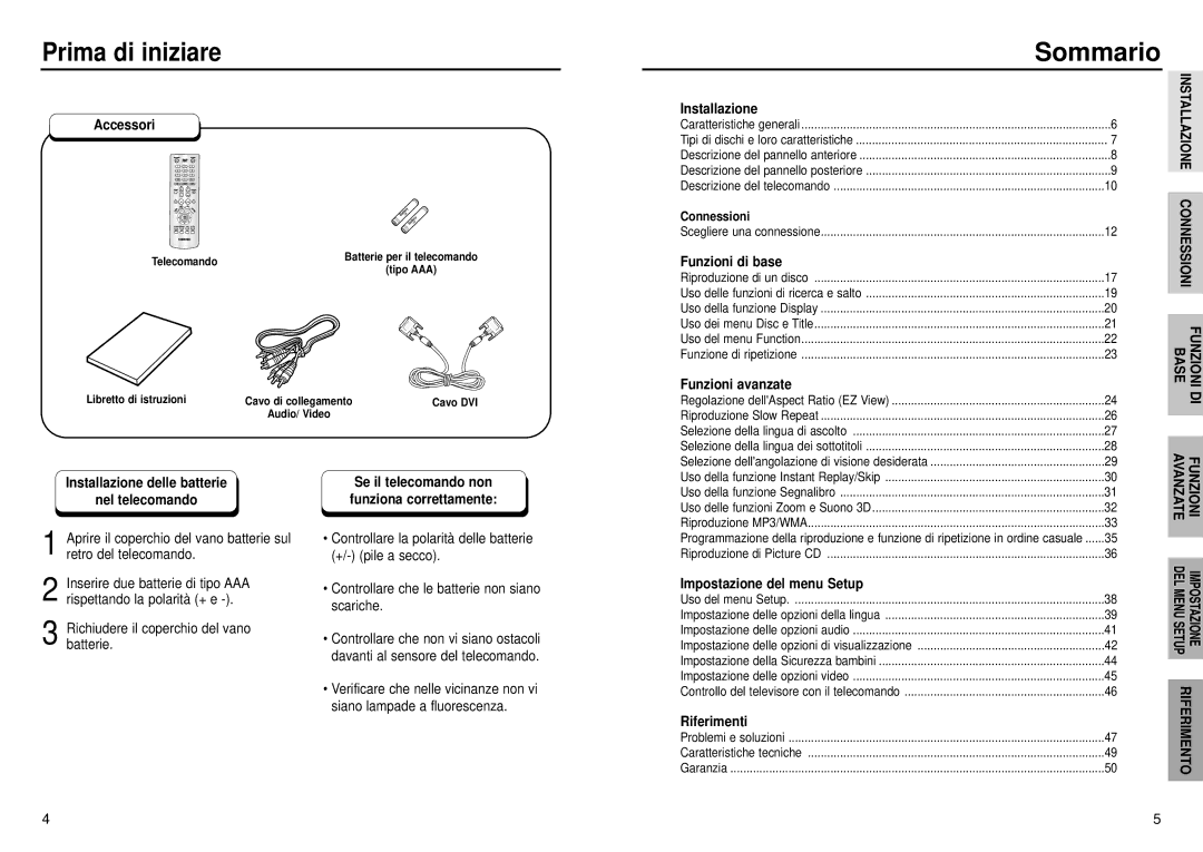 Samsung DVD-HD935/XET manual Prima di iniziare, Sommario 