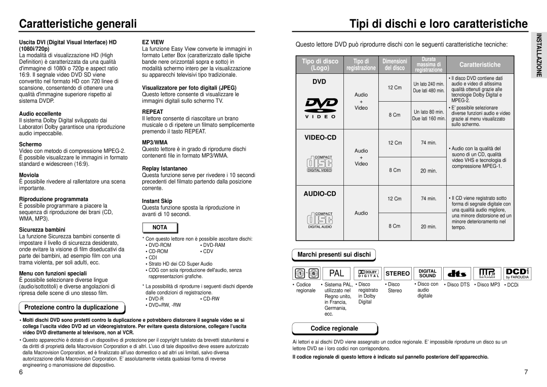 Samsung DVD-HD935/XET manual Marchi presenti sui dischi, Protezione contro la duplicazione, Codice regionale 