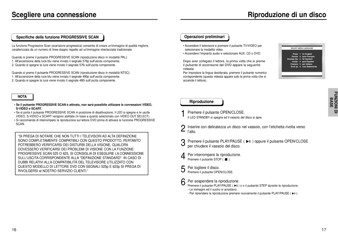 Samsung DVD-HD935/XET Riproduzione di un disco, Specifiche della funzione Progressive Scan, Premere il pulsante OPEN/CLOSE 