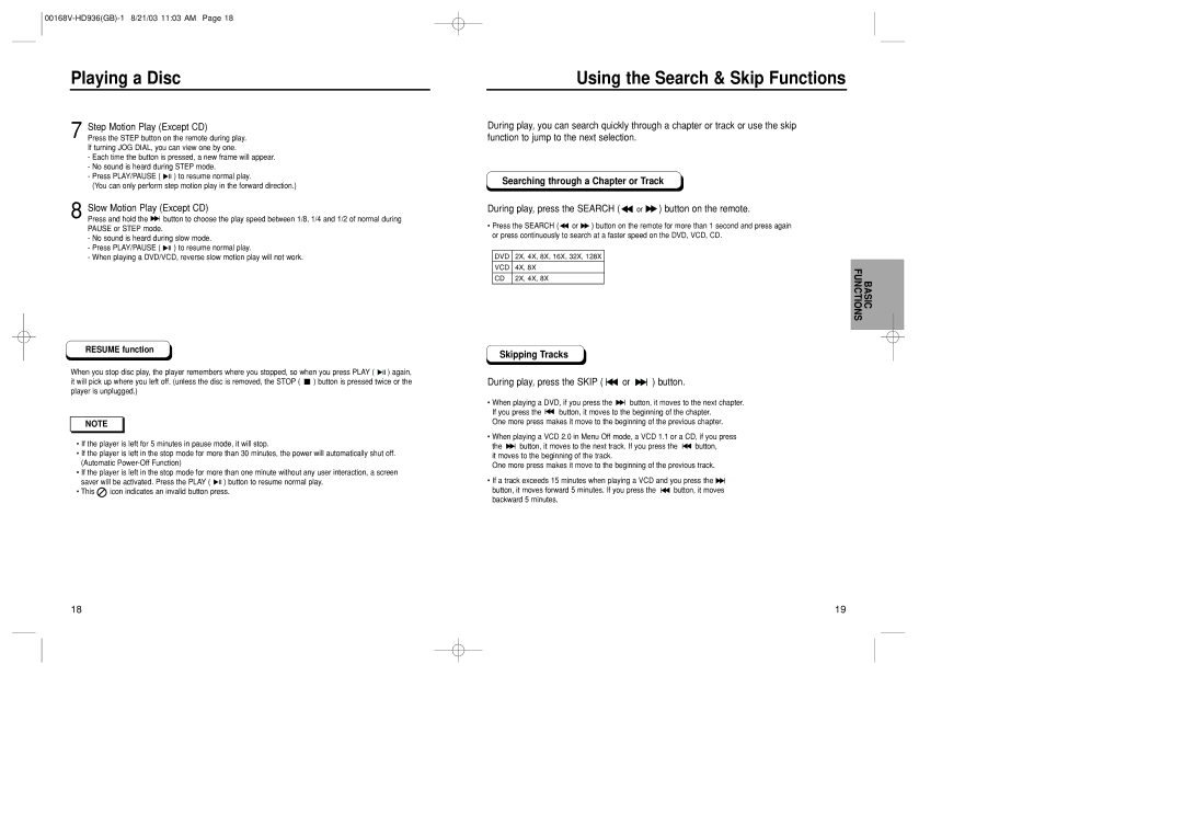 Samsung DVD-HD936/XSG manual Using the Search & Skip Functions, Searching through a Chapter or Track, Skipping Tracks 