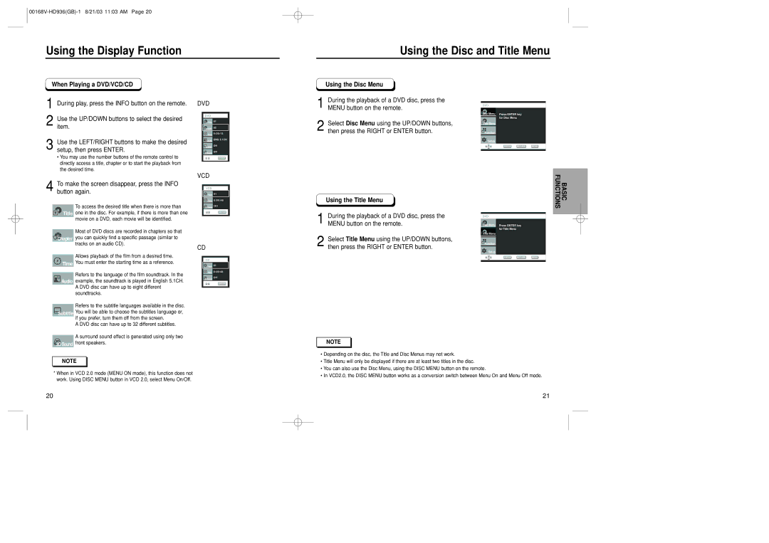 Samsung DVD-HD936/XSG manual Using the Display Function Using the Disc and Title Menu, When Playing a DVD/VCD/CD 