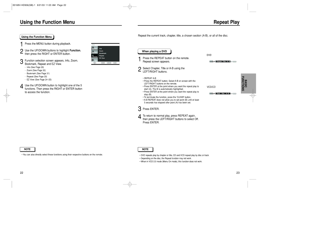 Samsung DVD-HD936/XSG manual Using the Function Menu Repeat Play, When playing a DVD 