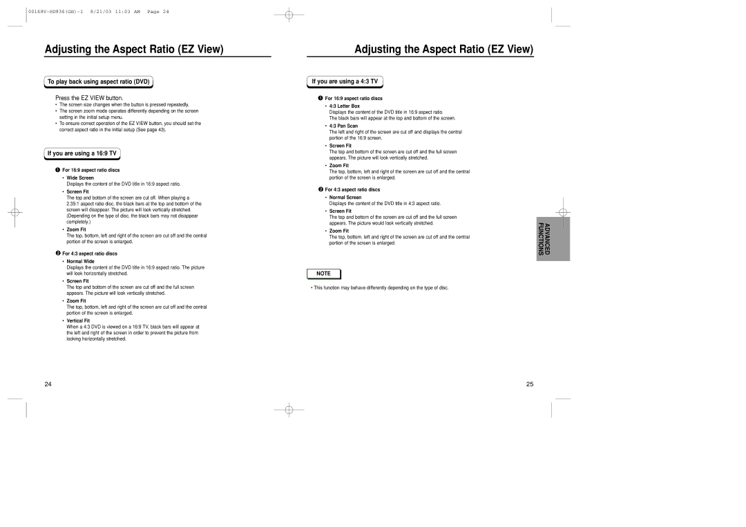 Samsung DVD-HD936/XSG Adjusting the Aspect Ratio EZ View, To play back using aspect ratio DVD, Press the EZ View button 