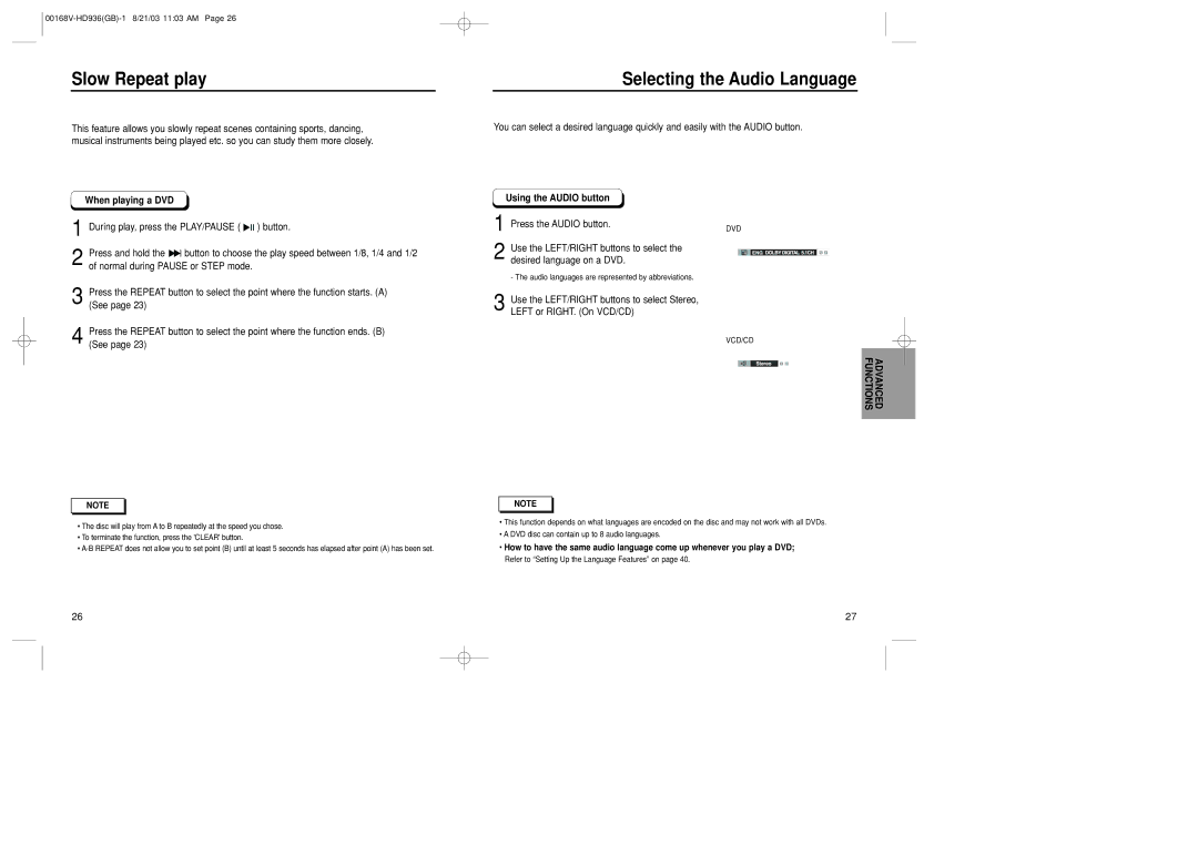 Samsung DVD-HD936/XSG manual Slow Repeat play, Selecting the Audio Language, Using the Audio button, Functions Advanced 