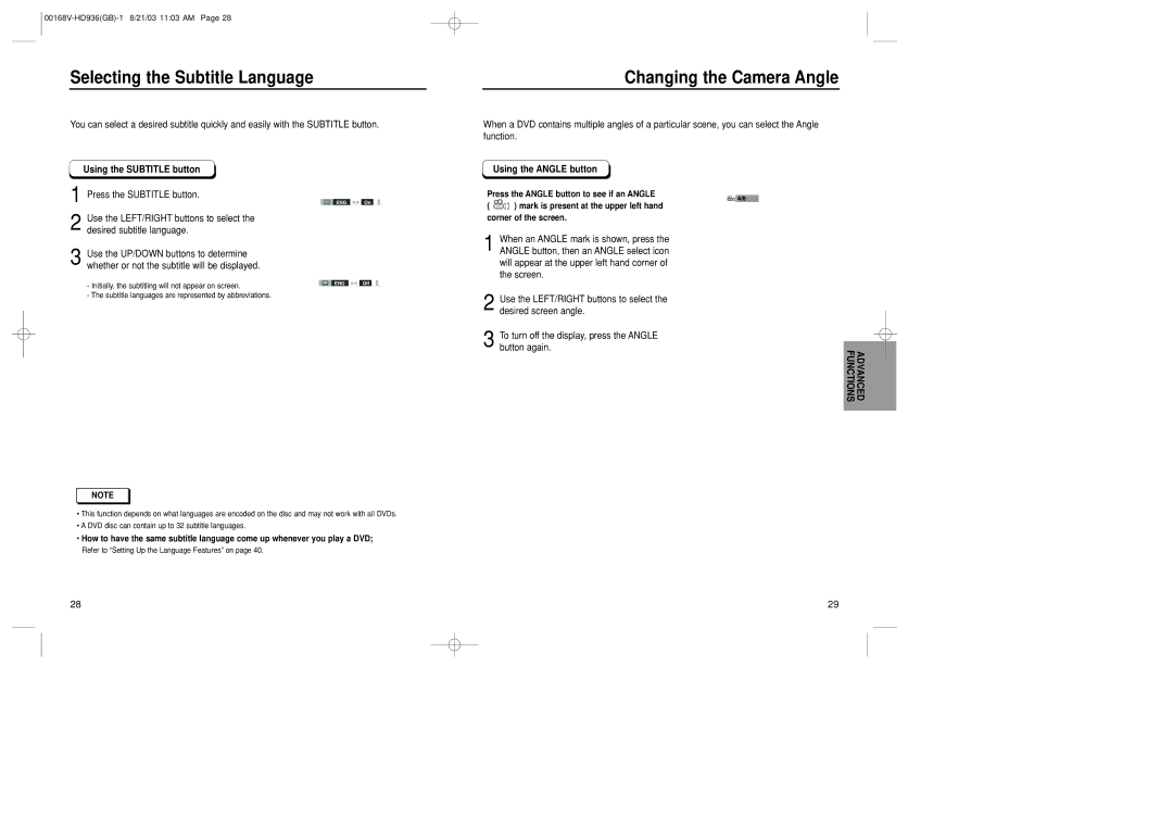 Samsung DVD-HD936/XSG manual Selecting the Subtitle Language, Changing the Camera Angle, Using the Subtitle button 