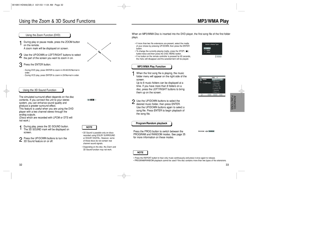 Samsung DVD-HD936/XSG manual Using the Zoom & 3D Sound Functions, MP3/WMA Play, Advanced Functions 