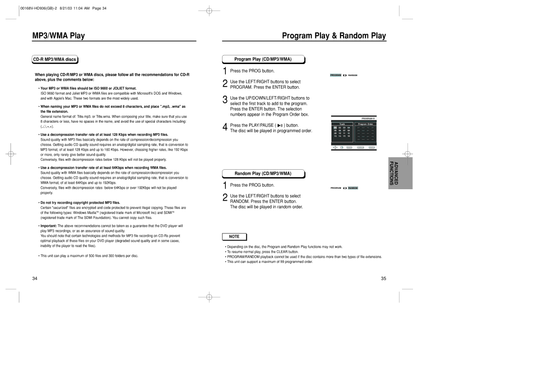 Samsung DVD-HD936/XSG manual MP3/WMA Play Program Play & Random Play, CD-R MP3/WMA discs, Program Play CD/MP3/WMA 