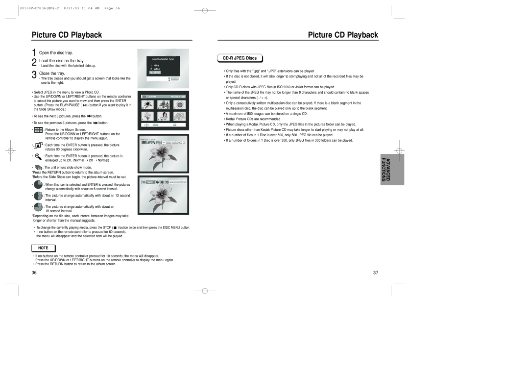 Samsung DVD-HD936/XSG Picture CD Playback, Open the disc tray Load the disc on the tray, Close the tray, CD-R Jpeg Discs 